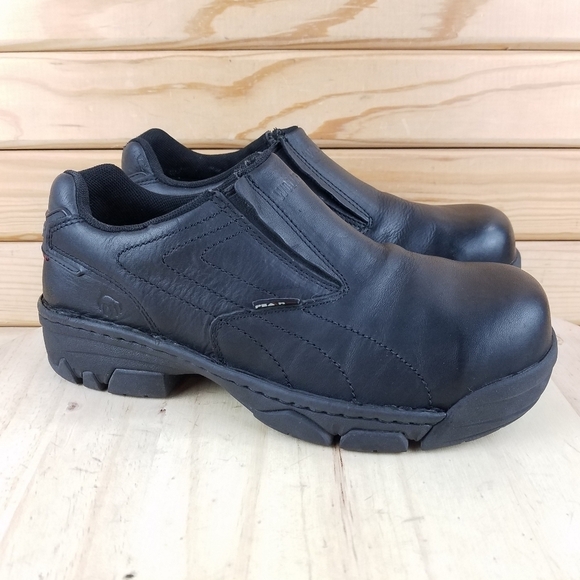 Wolverine Shoes - Wolverine Women's 8.5 Black Leather Safety Steel Toe Shoes Loafer Slip-on W02673